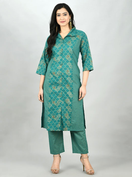 Women's Green Cotton Printed 3/4 Sleeve Shirt Coller Casual Kurta Pant Set