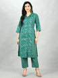 Women's Green Cotton Printed 3/4 Sleeve Shirt Coller Casual Kurta Pant Set