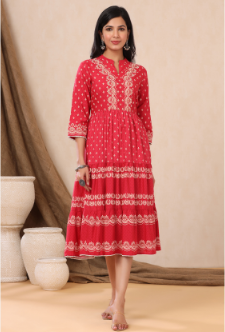 Women's Red Rayon Printed Tiered Dress