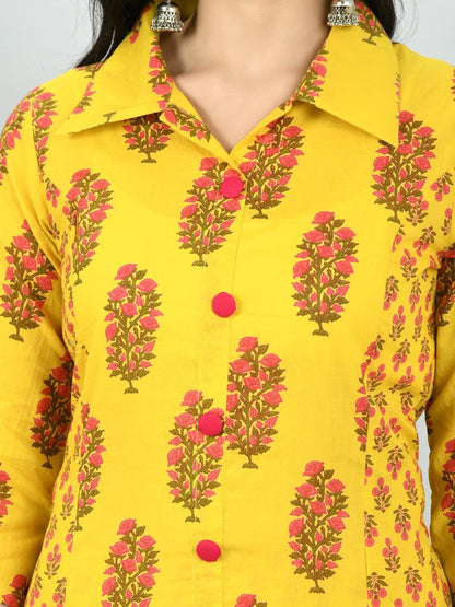 Women's Yellow Cotton Printed 3/4 Sleeve Shirt Coller Casual Kurta Pant Set