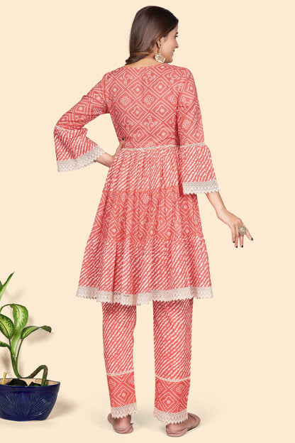 Women's Bandhani Print & Embroidered Flared Cotton Orange Stitched Top With Pant
