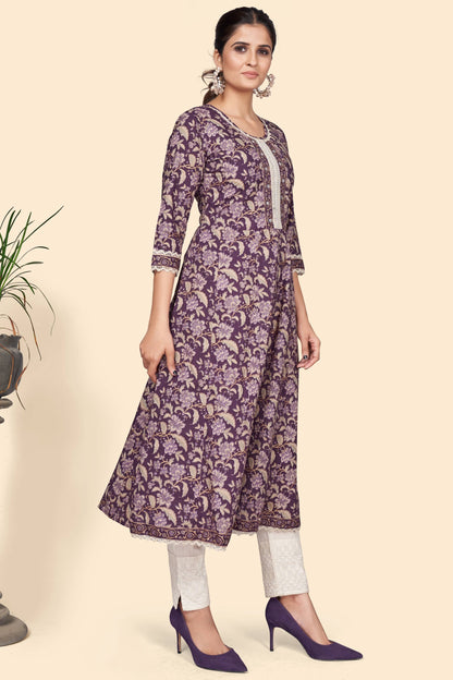 Women's Floral Print A-Line Cotton Purple Stitched Kurta