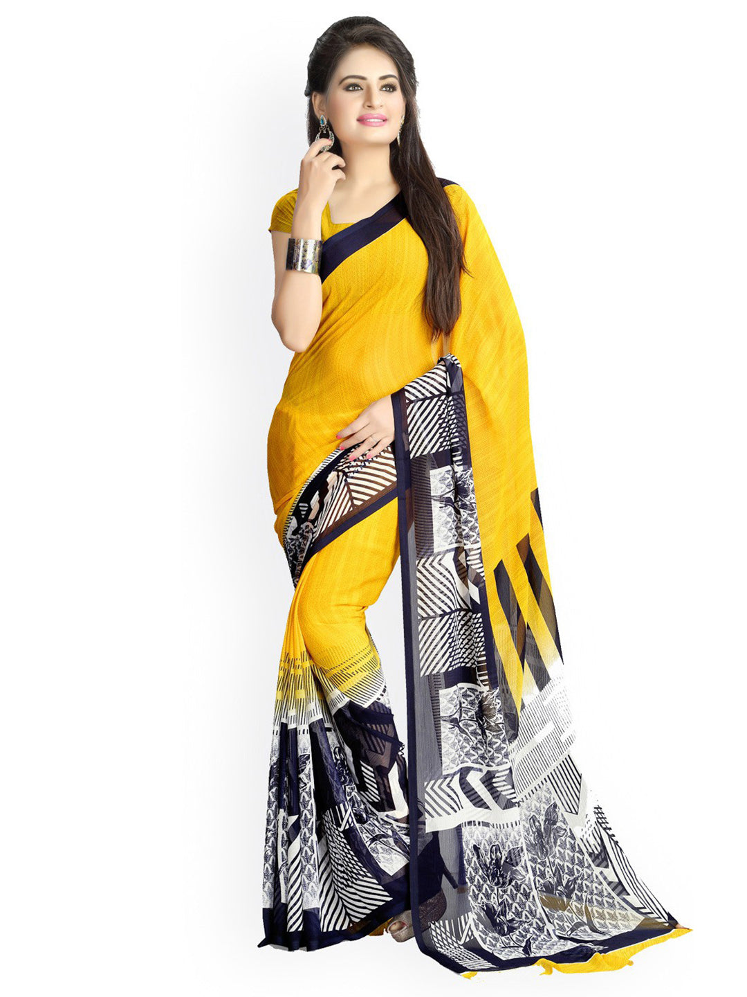 Women's Yellow Chiffon Printed Saree