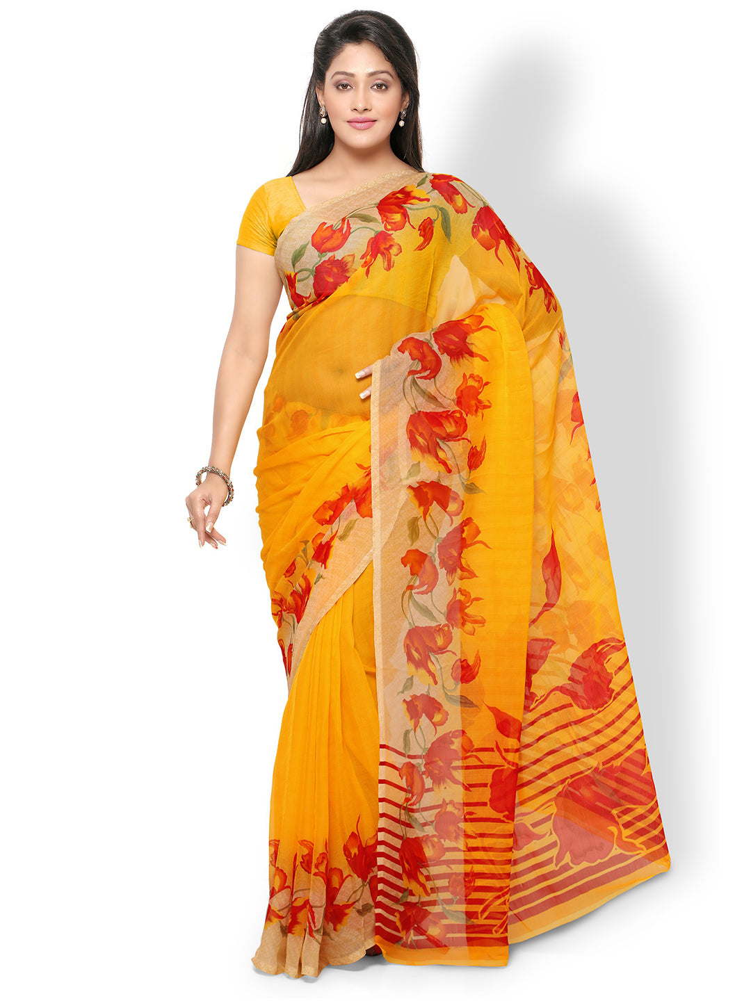 Women's Yellow Chiffon Printed Saree