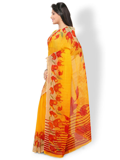 Women's Yellow Chiffon Printed Saree