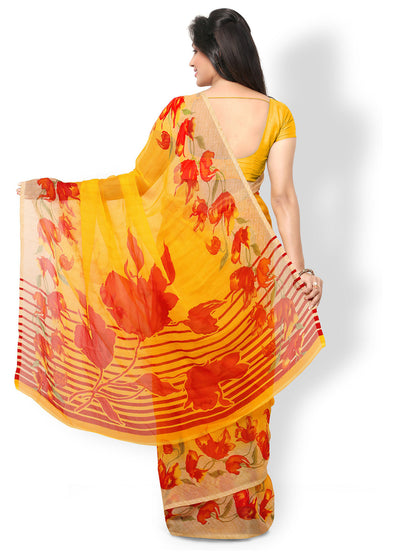 Women's Yellow Chiffon Printed Saree