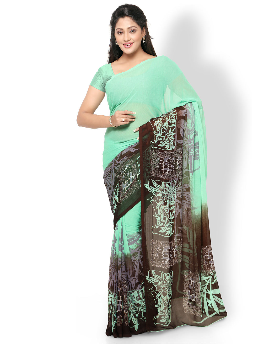 Women's Green Chiffon Printed Saree