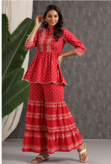 Women's Red Cambric Printed Peplum Tunic Palazzo Set