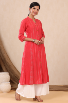 Women's Red Cotton Dobby Printed A-Line Kurta with Mask