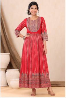 Women's Red Rayon Printed Anarkali Dress