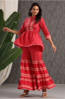 Women's Red Cambric Printed Peplum Tunic Palazzo Set