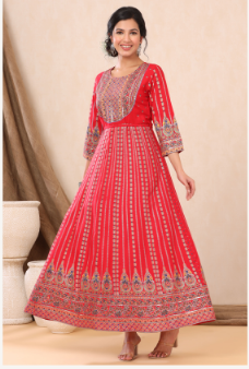 Women's Red Rayon Printed Anarkali Dress
