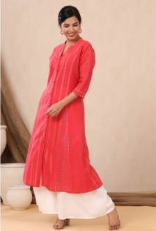 Women's Red Cotton Dobby Printed A-Line Kurta with Mask