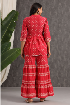 Women's Red Cambric Printed Peplum Tunic Palazzo Set