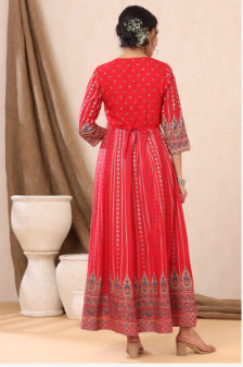 Women's Red Rayon Printed Anarkali Dress