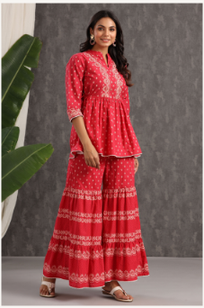 Women's Red Cambric Printed Peplum Tunic Palazzo Set