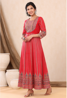 Women's Red Rayon Printed Anarkali Dress