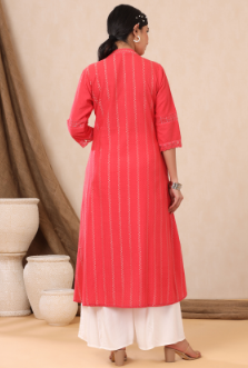 Women's Red Cotton Dobby Printed A-Line Kurta with Mask