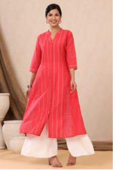 Women's Red Cotton Dobby Printed A-Line Kurta with Mask