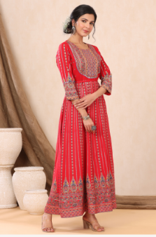 Women's Red Rayon Printed Anarkali Dress