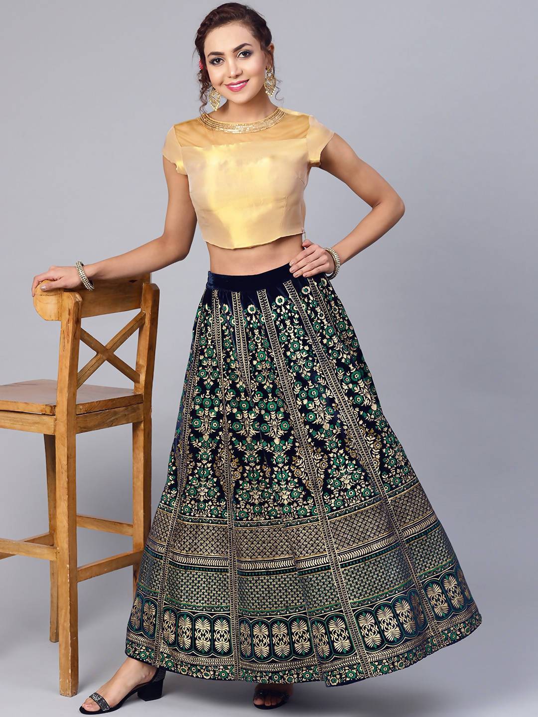 Women's Navy Velvet Foil Print Kalidar Skirt