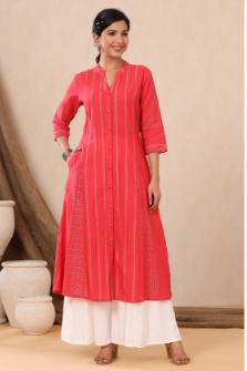 Women's Red Cotton Dobby Printed A-Line Kurta with Mask