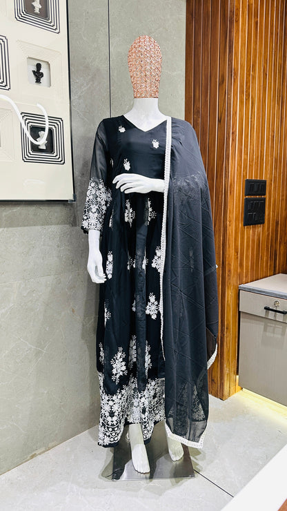 Women's Black Georgette Embroidered Gown