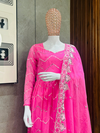 Women's Pink Georgette Embroidered, Sequins Gown