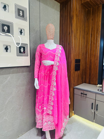 Women's Pink Georgette Embroidered, Sequins Gown