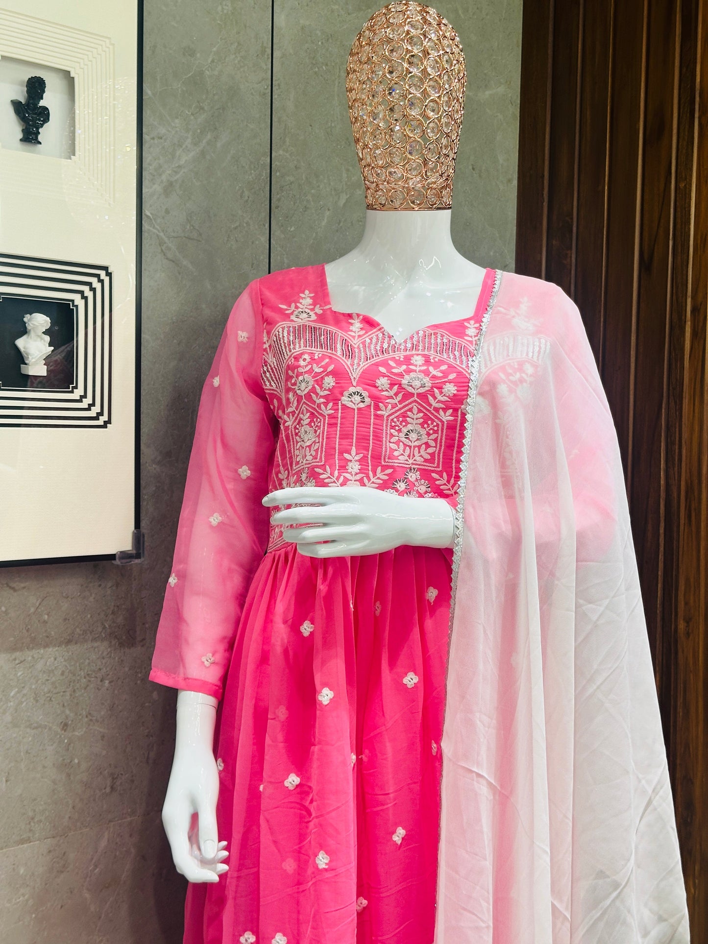 Women's Pink Georgette Embroidered Gown