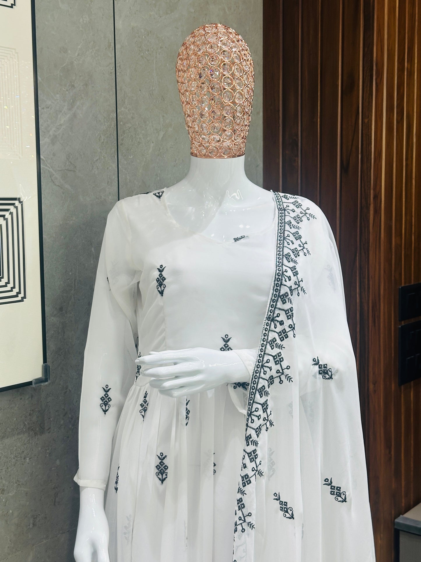 Women's White Georgette Embroidered Gown