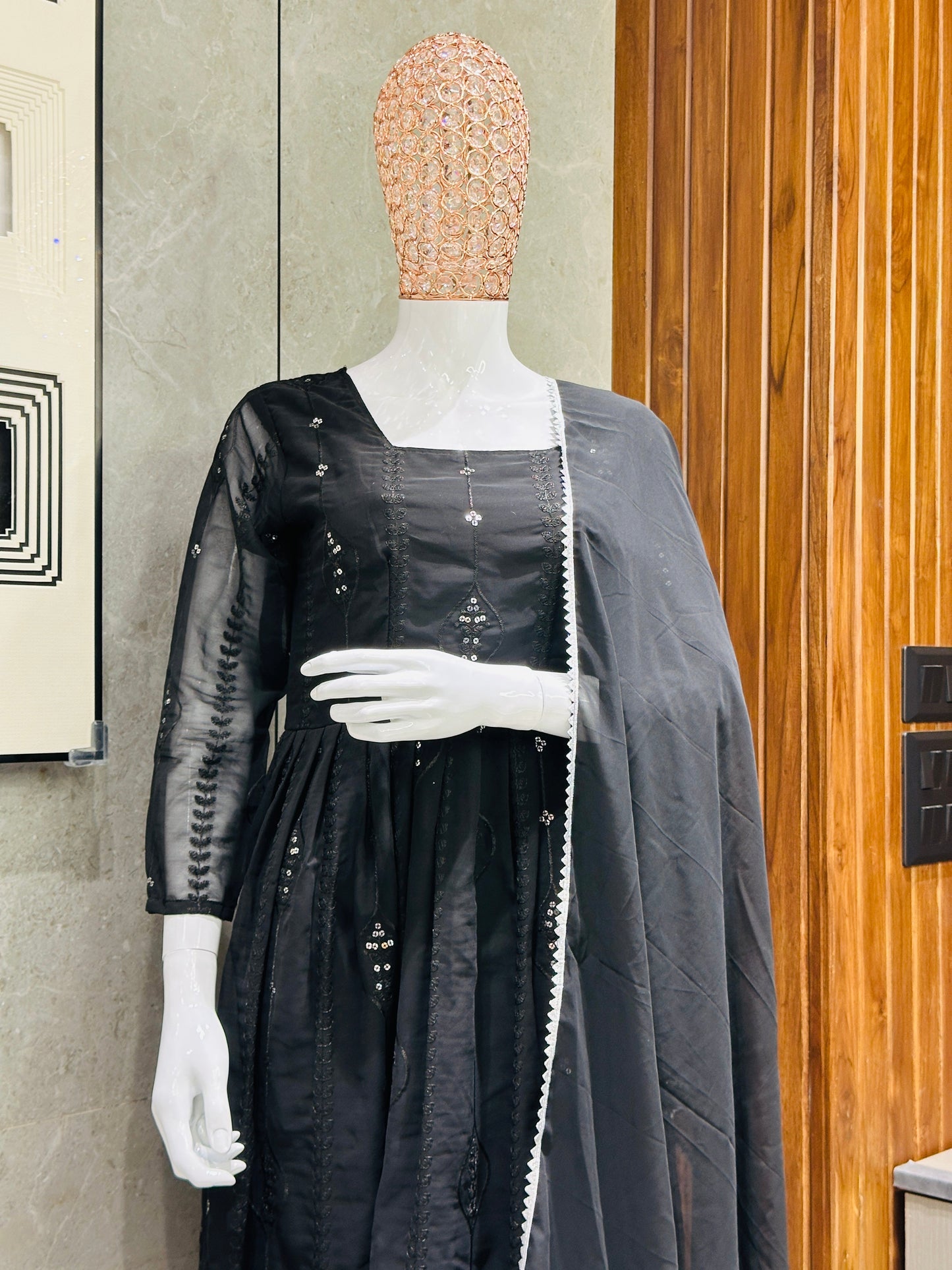 Women's Black Georgette Embroidered Gown