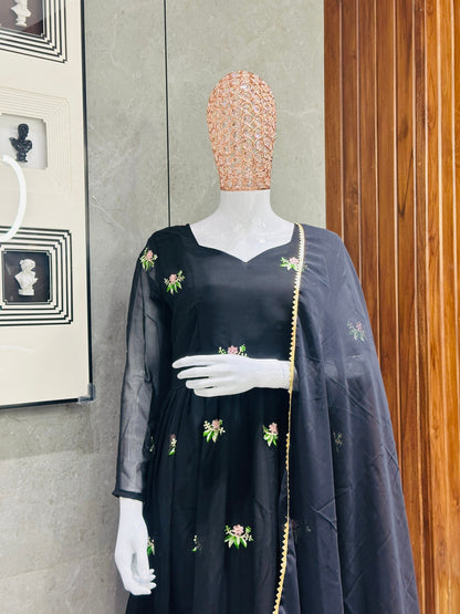 Women's Black Georgette Embroidered Gown