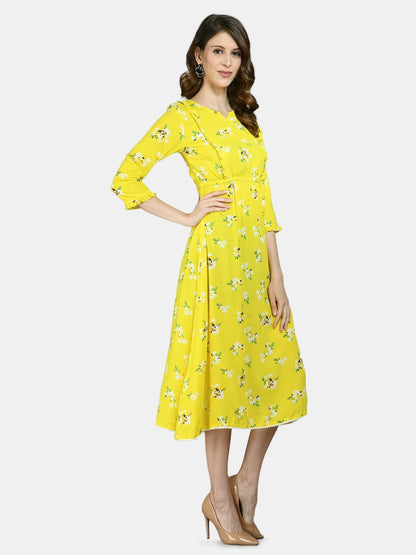 Women Yellow Printed Dress by Myshka (