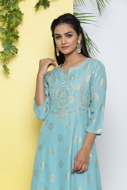 Women's Mint Poly Muslin Printed A-Line Kurta Pant Dupatta Set