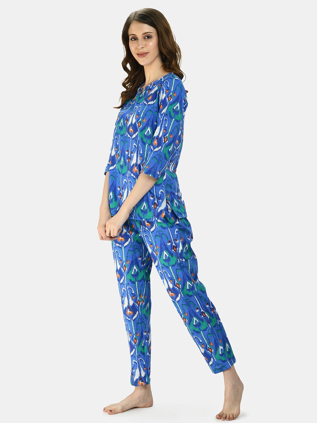 Women's Blue Cotton Printed Half Sleeve V Neck Casual Night Suit