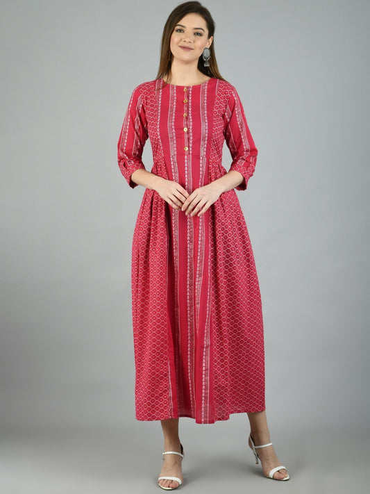 Women's Pink Cotton Printed 3/4 Sleeve Round Neck Casual Dress