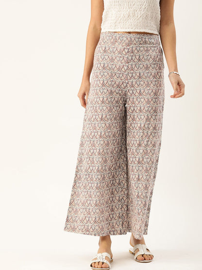 Women's Beige & Blue Printed Flared Palazzos