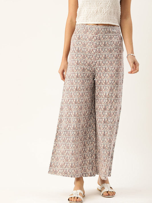 Women's Beige & Blue Printed Flared Palazzos