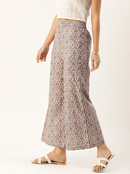 Women's Beige & Blue Printed Flared Palazzos