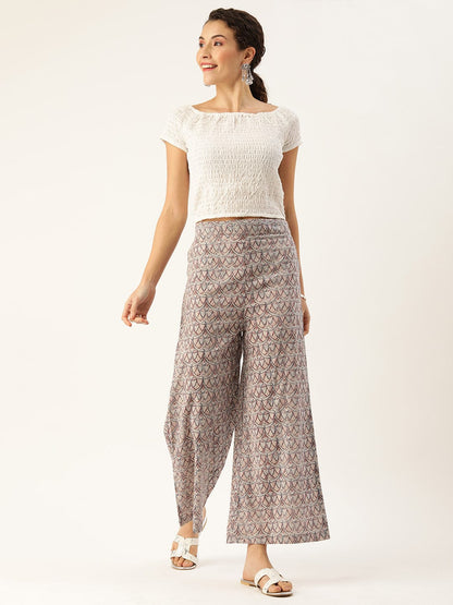 Women's Beige & Blue Printed Flared Palazzos