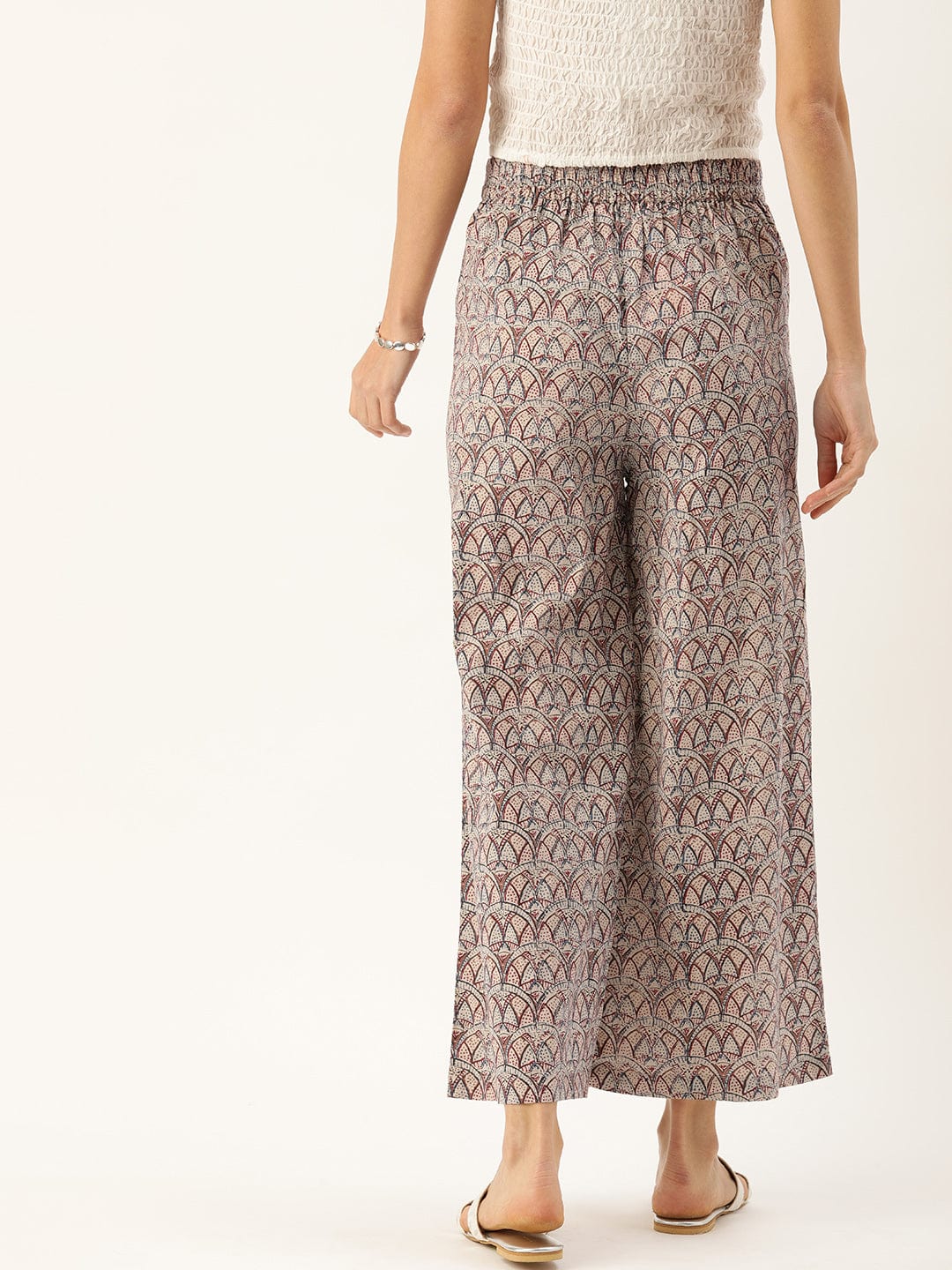 Women's Beige & Blue Printed Flared Palazzos