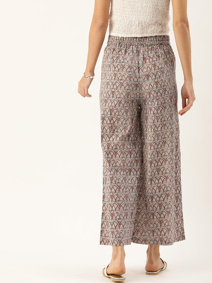 Women's Beige & Blue Printed Flared Palazzos