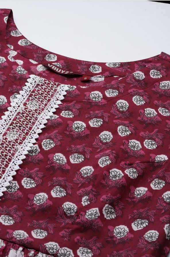 Women's Floral Printb & Lace Work Anarkali Cotton Dark Pink Stitched Kurta