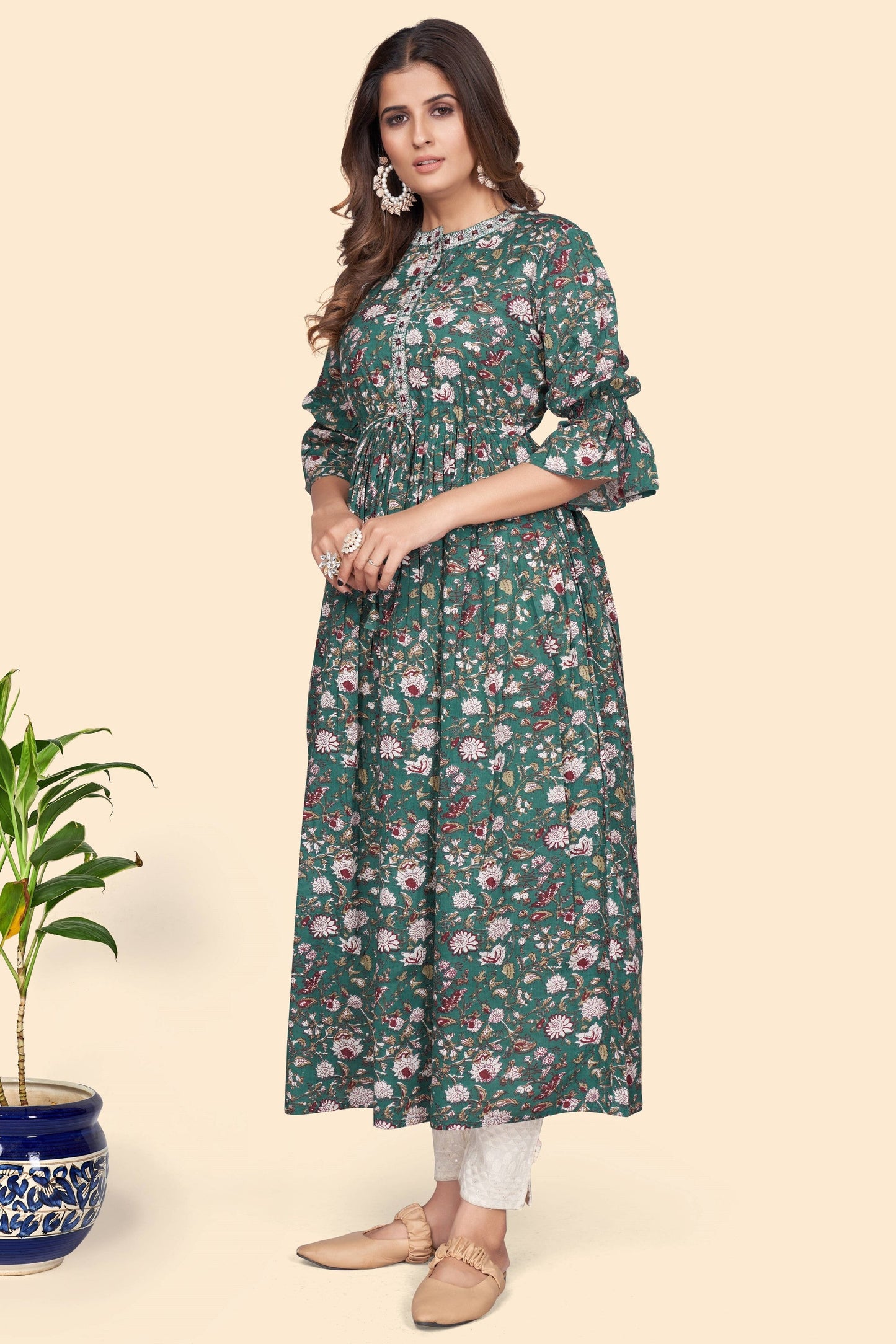 Women's Floral Print A-Line Cotton Aqua Stitched Kurta