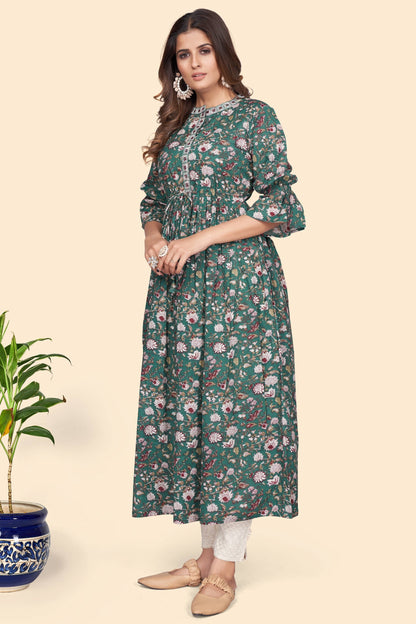 Women's Floral Print A-Line Cotton Aqua Stitched Kurta