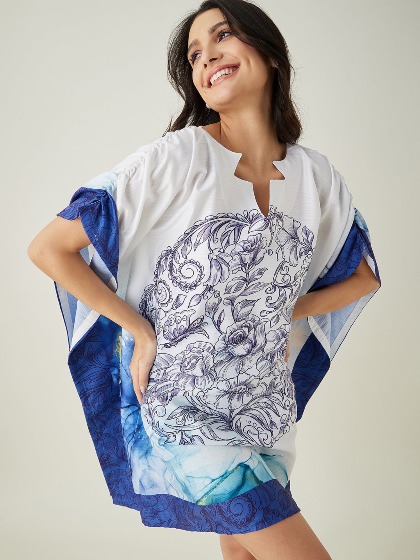 Women's Blue Tranquil Mandala Resort Kaftan with Elasticated Shoulder Detailing