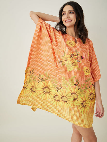 Women's Orange Sunflowr Bliss Resorty Kaftan with Keyhole Neck and Innovative one sleeve detailing