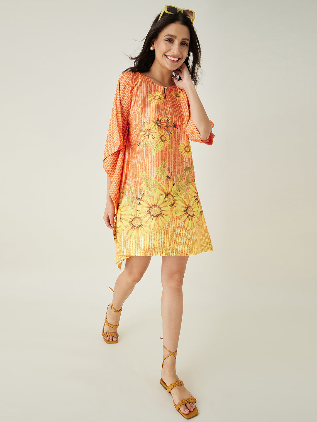 Women's Orange Sunflowr Bliss Resorty Kaftan with Keyhole Neck and Innovative one sleeve detailing