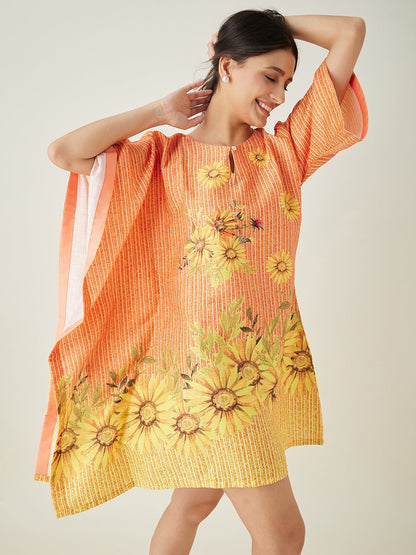 Women's Orange Sunflowr Bliss Resorty Kaftan with Keyhole Neck and Innovative one sleeve detailing